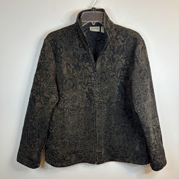 CHICO'S Travelers Quilted Full Zip Jacket Women 2 (12-14) Brown Black Floral - Picture 1 of 12